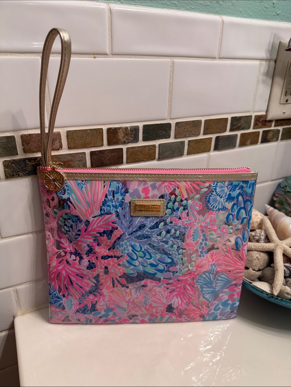 Lilly Pulitzer Pink & Blue Floral Wristlet Clutch with removable pouch